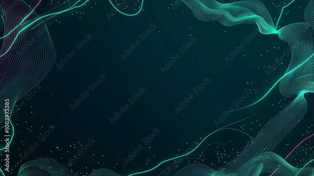 Poster glowing lines form a frame on a dark green backdrop with shimmering particles, creating a modern and
