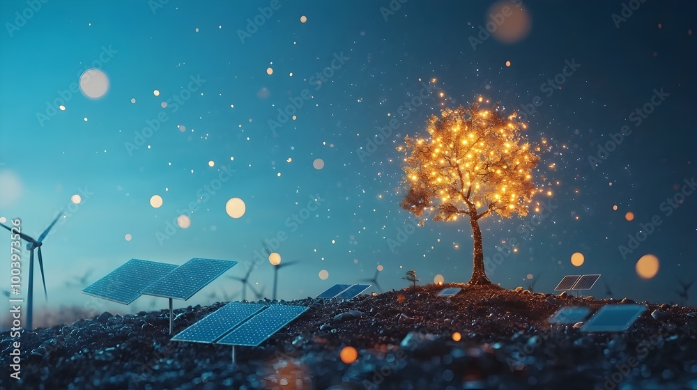 Aufkleber A glowing tree with its branches formed by solar panels and wind turbines symbolizing the innovative of renewable energy technologies and a sustainable future for our environment