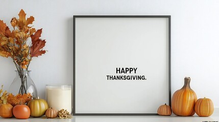 Empty modern metal frame on a pristine white wall with space for "Happy Thanksgiving."