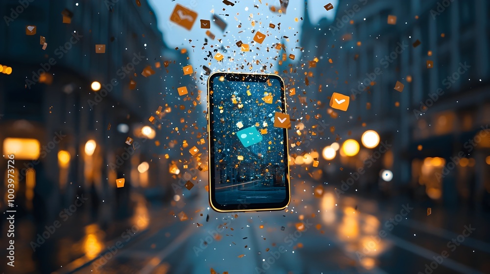 Fototapete a glowing smartphone screen with messages and likes appearing as luminous light particles floating a