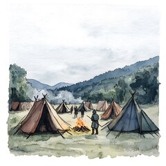 Watercolor Painting of a Medieval Campsite with Tents, a Campfire, and People.