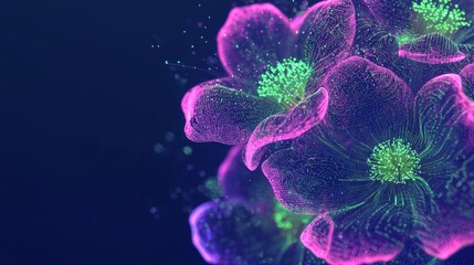 Glowing particles form intricate flowers against a dark blue backdrop, blending nature with technology