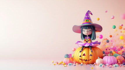 3D witch with a colorful hat, sitting on a pastel pumpkin, with light Halloween decorations on a soft background.