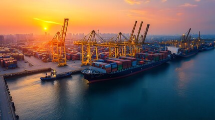 Fototapeta premium Container Ships Docked at a Busy Port at Sunset