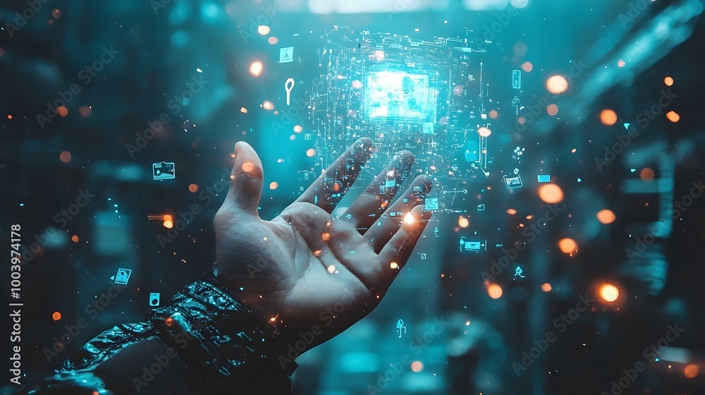Poster a hand reaching out towards a holographic display of a social media post with comments and reactions