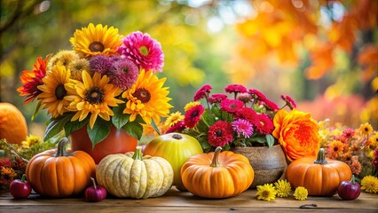 A Vibrant Autumnal Still Life Featuring Sunflowers, Pumpkins, and Colorful Blooms on a Rustic Wooden Table