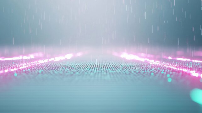 Abstract glowing particles are falling on digital surface creating a futuristic background with a technological and scientific feel