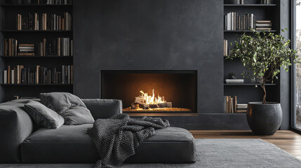 Cozy modern living room with dark grey sectional, fireplace, and built-in bookshelves. Warm ambiance, stylish decor, elegant and comfortable space, contemporary interior design