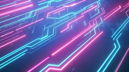 Glowing neon lights create a mesmerizing pattern against a dark digital background, symbolizing modern innovation and connectivity in technology