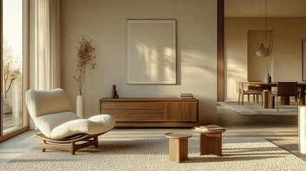 Minimalist Living Room with Beige Armchair and Wooden Cabinet
