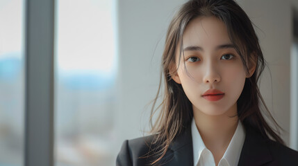 Beautiful Asian woman in a formal suit, businesswoman. Neural network AI generated art