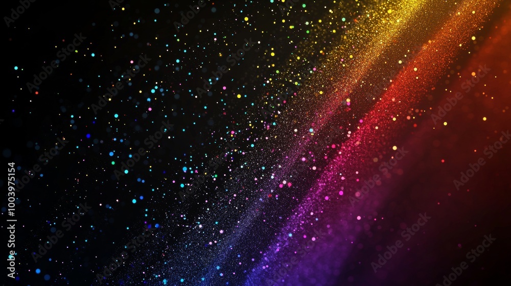 Poster abstract background with colorful glitter particles exploding on black background creating a festive