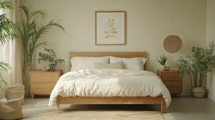 Minimalist Bedroom with a Wooden Bed and Natural Elements
