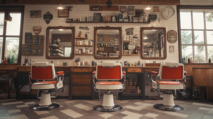 Nostalgic Charm of a 1950s Retro Barber Shop - Vintage Interior with Classic Chairs, Mirrors, and Old-Fashioned Decor