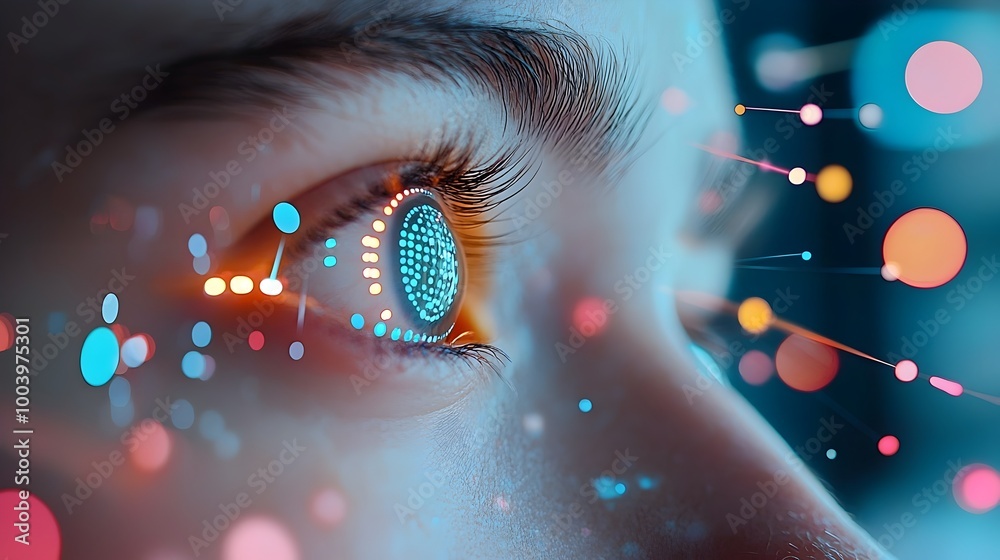 Poster A person s face illuminated by multiple colorful digital notifications showing the profound impact of modern technological connections and online interactions on human expression and identity