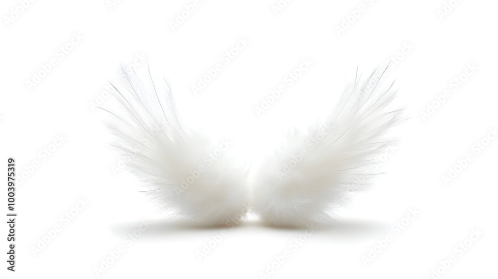 Poster A pair of soft fluffy white angel wings set at an angle creating beautiful shadows on a clean minimalist white backdrop  The ethereal