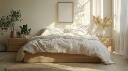 Minimalist Bedroom with White Bedding, Wooden Furniture, and Natural Elements
