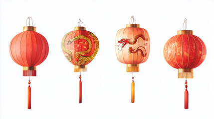 Chinese paper lanterns on the transparent background, with wavy long dragon drawings and ornament decorations. Oriental design elements, Asian cultural objects.