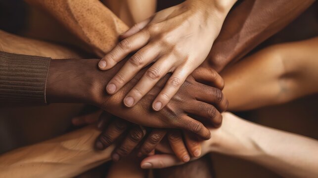 A close-up of hands of different skin colors clasped together, symbolizing unity and solidarity against racial discrimination.