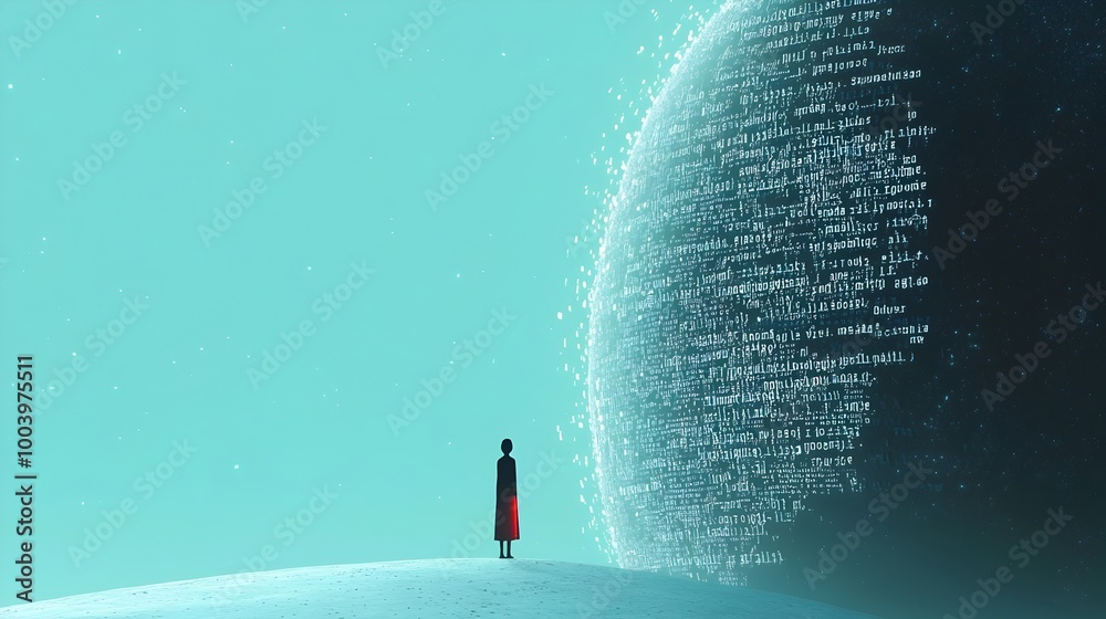 Fototapete a person standing at the edge of a vast digital sea where waves are made of code and floating messag
