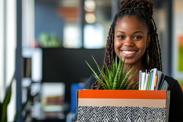 Young office worker smiling while carrying a box of belongings on her first day at a new job
