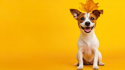 Happy Jack Russell Terrier dog sitting with an autumn leaf on his head on a yellow background. Funny autumn puppy portrait, copy space