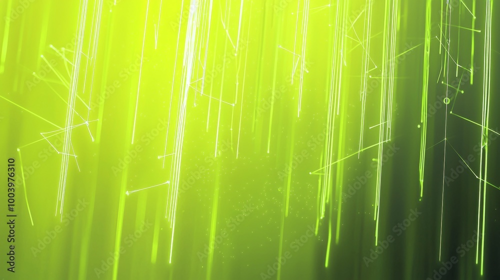 Poster abstract green data stream background with connecting lines and particles flowing downwards. creatin