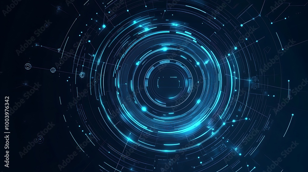 Poster Abstract digital background with concentric circles and glowing lines.