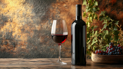 Elegant Red Wine Bottle Mockup with Textured Backdrop and Glassware for Customizable Labels