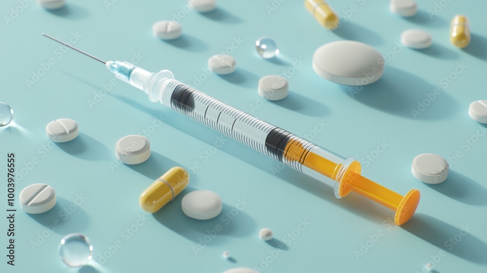 Poster a syringe is on a table with many pills