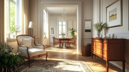 Fototapeta premium Sunlit Living Room with Elegant Furniture and a Glimpse of a Dining Room