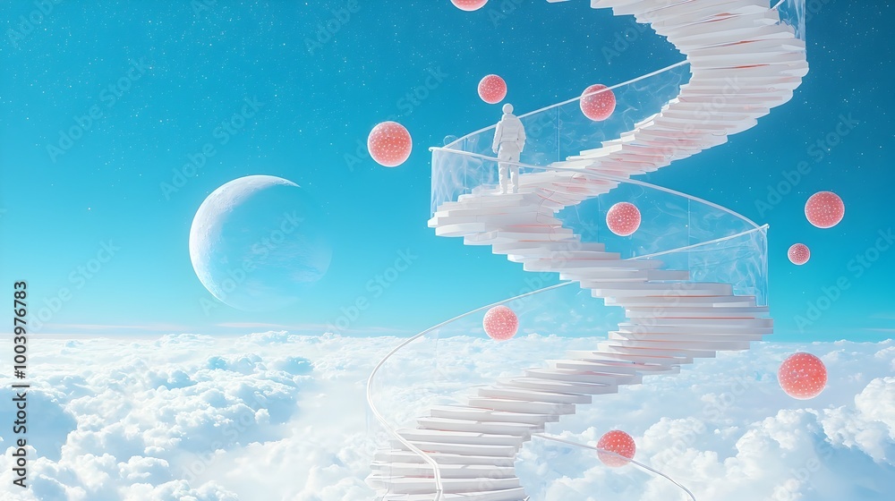 Leinwandbilder a spiral staircase made entirely of colorful chat bubbles leading upwards into an open bright sky th
