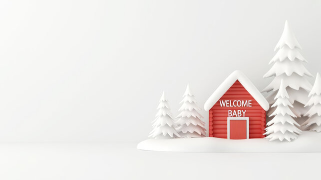 Cozy winter cabin, Christmas baby shower setup, snowy trees, 3D illustration