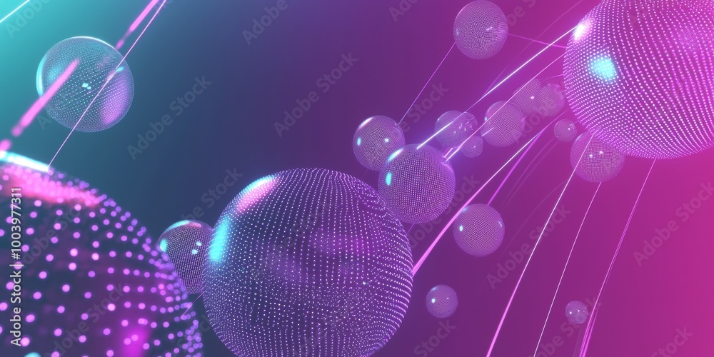Poster multiple spheres with a dotted surface are connected by glowing lines, creating a network flowing fr