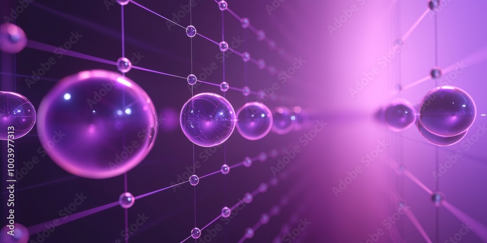 Poster abstract 3d rendering of a network of spheres connected by lines, creating a sense of depth and inte