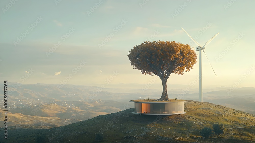 Poster a towering wind turbine with blades that seamlessly transform into graceful tree branches symbolizin