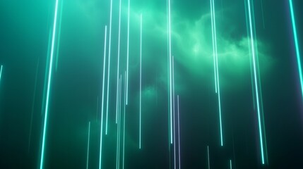 Graceful green neon lights cascade from a cloudy sky, creating a mesmerizing backdrop with vibrant hues and futuristic design