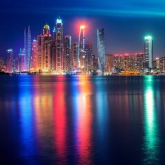 Fototapeta premium City Lights Dance: Reflections on the Sea with a Church View