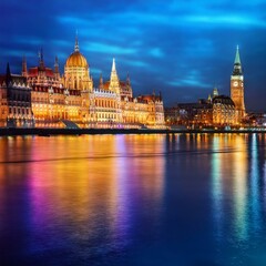 Obraz premium City at Dusk: Colorful Night Reflections and Church Silhouettes