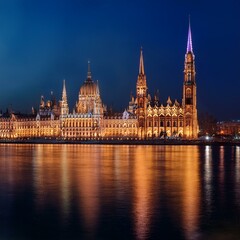 Obraz premium Twilight Colors: City by the Sea with Church Reflections