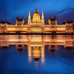Fototapeta premium Reflections of Night: City and Church Illuminated by Colorful Lights