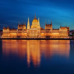 Fototapeta premium City Lights: Night Reflections from the Sea with a Church Silhouette