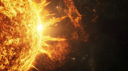 Massive star unleashes energy in space, causing solar flares and plasma eruptions, creating a fiery and dangerous display of power
