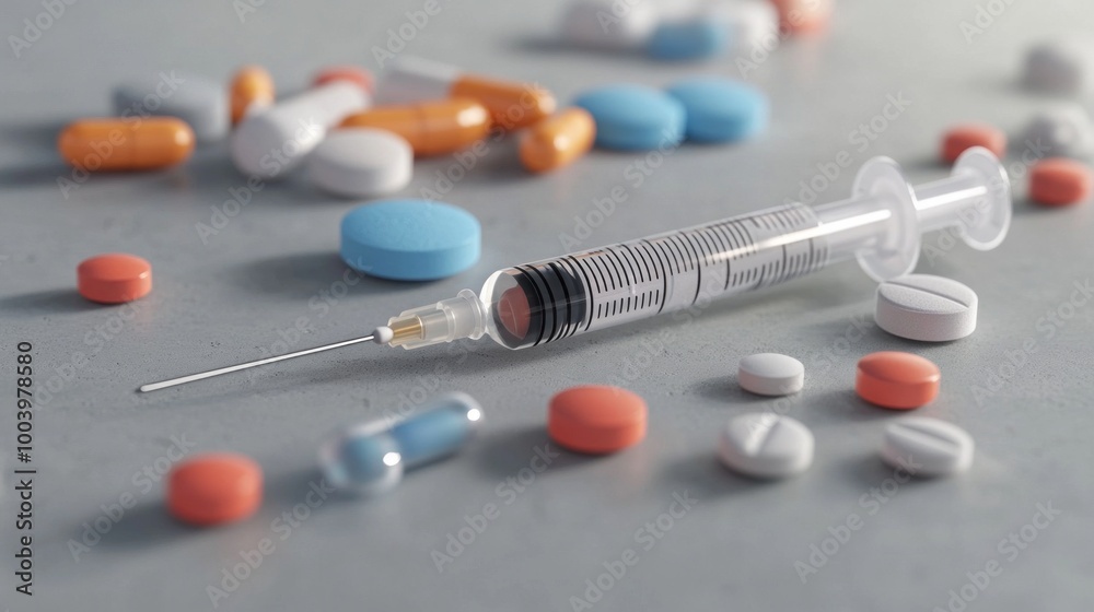 Poster a syringe is on a table with many different colored pills