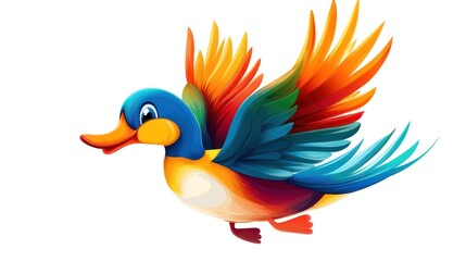 A colorful, stylized illustration of a flying duck with vibrant feathers.