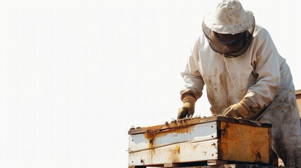 Worker tending to beehives on white background, full body shot, copy space on the right, ultra HD, realistic stock photo, colored background.