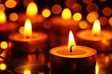 A lit candle sits in a dark room with other candles