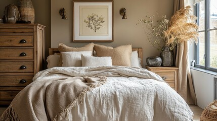 A Luxurious Bedroom with Natural Textures and Warm Tones