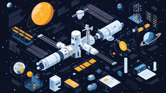 An educational infographic detailing the components and functions of a space station, perfect for classrooms and presentations