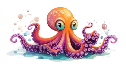 Fototapeta premium A colorful cartoon octopus with large eyes and playful tentacles.